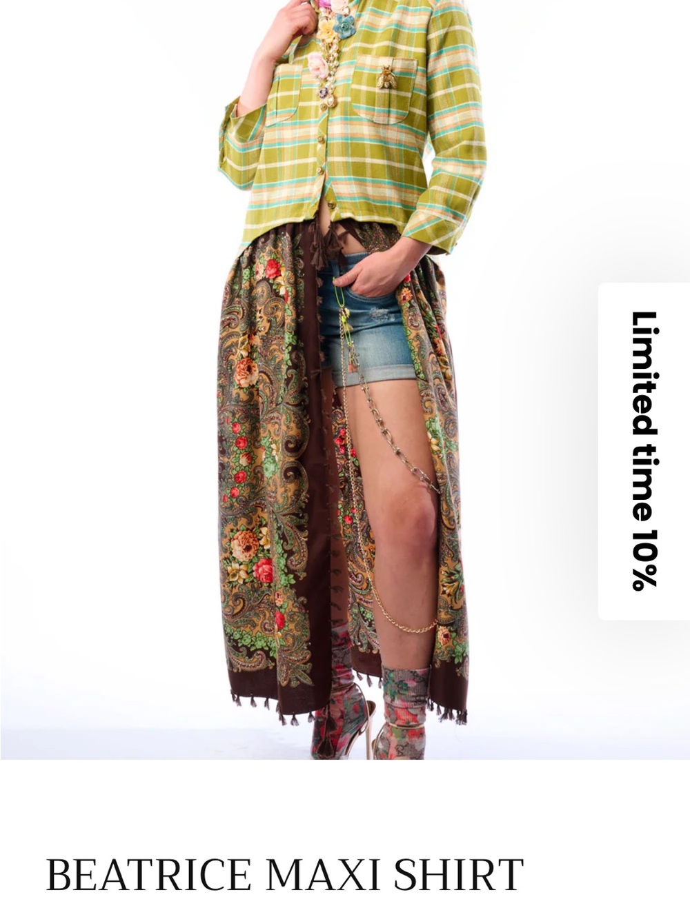 NWT Aratta Silent Journey Beatrice Maxi Shirt- Floral and Plaid - Picture 9 of 16